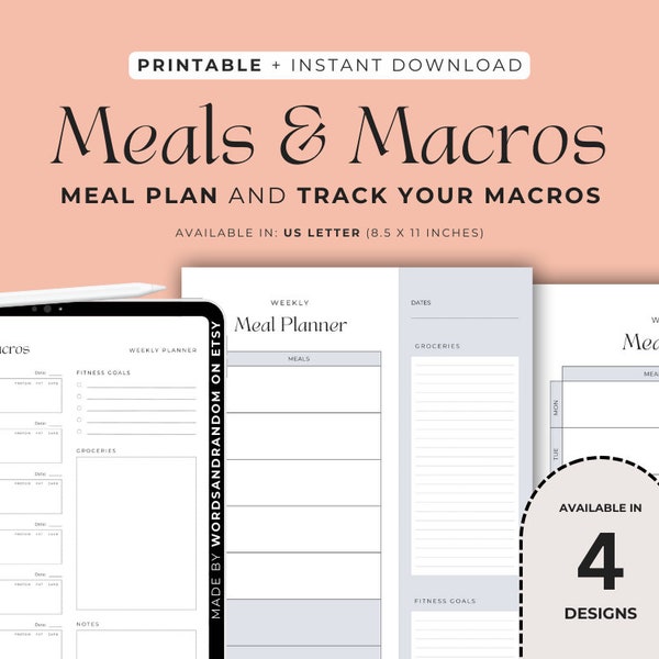 Meal and Macro Planner, Track Macros, Meal Planner Printable, Grocery List, Health & Fitness, Meal Prep, Goodnotes, Digital Planner, PDF