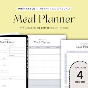 Könnte beinhalten: Druckbare wöchentliche Speiseplanvorlagen in vier verschiedenen Designs. Jede Vorlage verfügt über ein Raster zur Planung von Mahlzeiten für Frühstück, Mittagessen, Abendessen und Snacks. Die Vorlagen sind im US-Letter-Format (8,5 x 11 Zoll) erhältlich.
