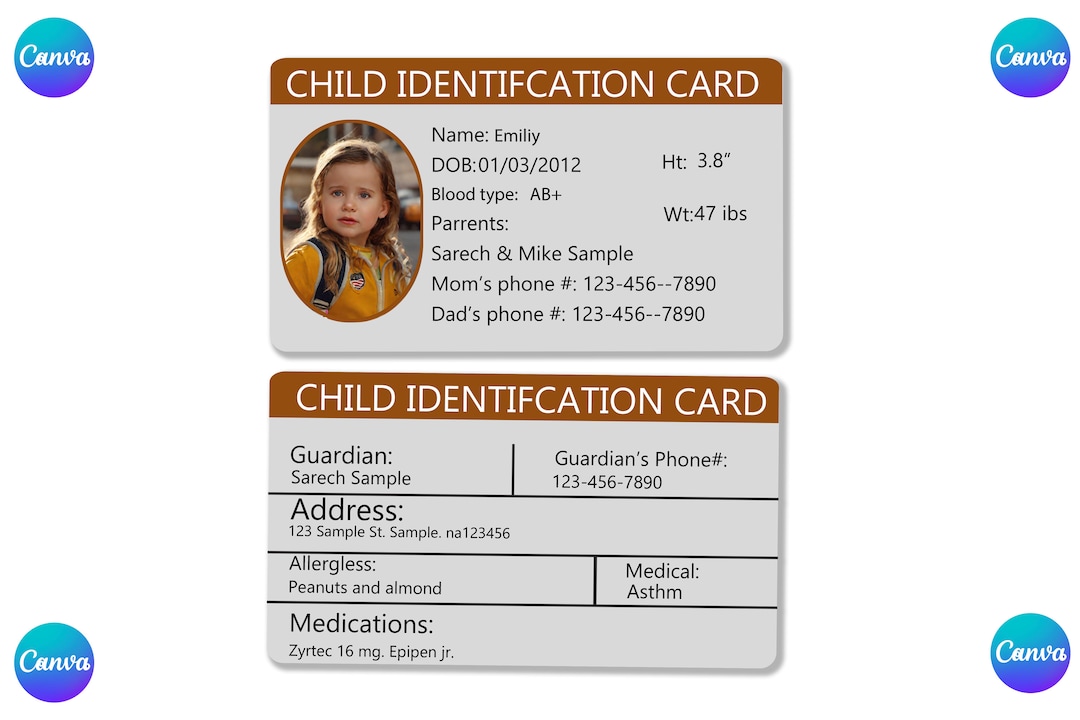 Editable Child Id Card Edit With Free Canva or Adobe Etsy