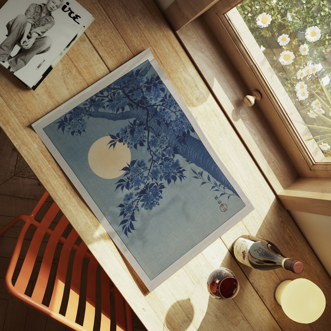 Moonlit Cherry Blossom Metal Wall Art Japanese Floral Print Neutral