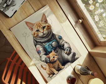 Cute Astronaut Cat Art Physical Print - Space Kitty, Cosmic Pet, Sci-Fi Animal, Galaxy Explorer, Feline Astronaut