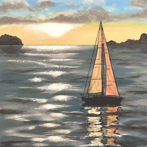 Sunset Sailing Boat in the Sea _Hand Drawn Acrylic Painting on Canvas