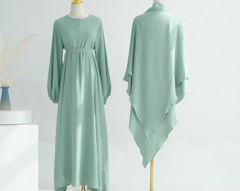 Lange Abaya| Kaftan | Geschlossenes Kleid | Lässig | Jazz-Crêpe | Geschlossene Abaya | Hellgrün| jeden Tag tragen | Muslim | Hijab