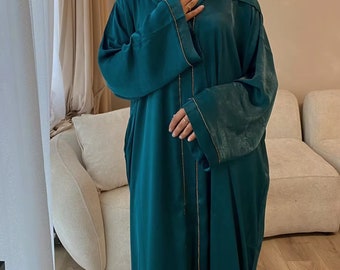 Offene Abaya | Kaftan | Offenes Kleid | Lässig | glänzendes Polyester | Satin | Beige | Abaya Dubai | Muslim