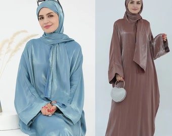 Glänzende Abaya | Kaftan | Geschlossenes Kleid | Lässig | Glänzender Satin | Geschlossene Abaya | Beige | Mehrere Größen | Muslim