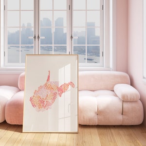 Impression d'art de carte de l'État de Virginie-Occidentale - TÉLÉCHARGEMENT NUMÉRIQUE, esthétique de la décoration d'appartement universitaire, décoration d'étagère, art mural rose clair, Sante Creates