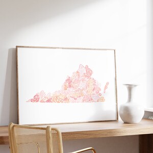 Impression d'art de carte de l'État de Virginie - TÉLÉCHARGEMENT NUMÉRIQUE, esthétique de la décoration d'appartement universitaire, décoration d'étagère, art mural rose clair, Sante Creates