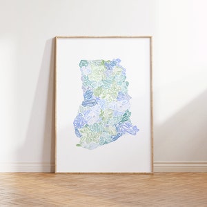 Könnte beinhalten: Ein gerahmter Druck eines abstrakten Designs mit einer Vielzahl von blauen, grünen und weißen Wirbeln und Linien. Das Design erinnert an eine stilisierte Blume oder Pflanze.