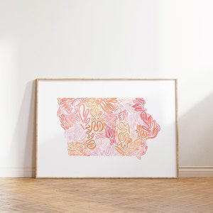 Iowa State Map Art Print - DIGITAL DOWNLOAD, College Wohnung Dekor Ästhetik, Bücherregal Dekor, Hellrosa Wandkunst, Sante schafft
