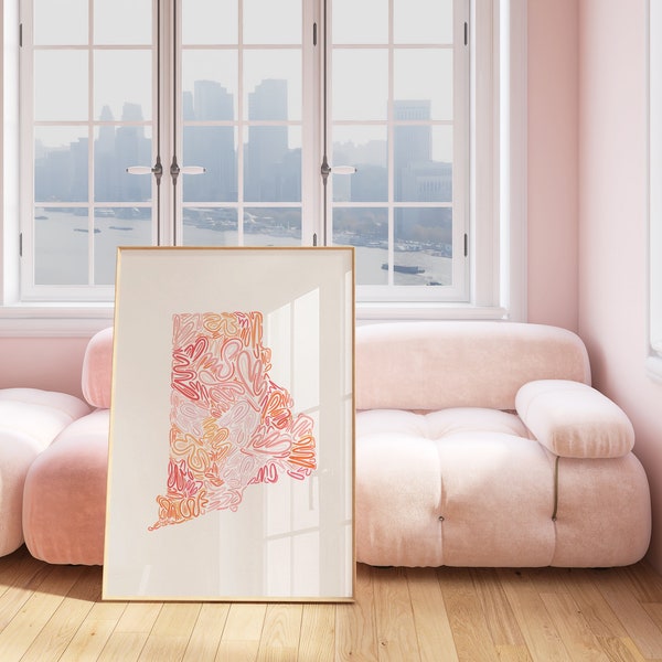 Rhode Island State Map Art Print - DIGITAL DOWNLOAD, College apartment decor aesthetic, Bookshelf decor, Light pink wall art, Sante Creates