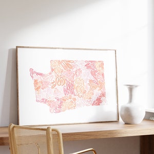 Impression d'art de carte de l'État de Washington - TÉLÉCHARGEMENT NUMÉRIQUE, esthétique de la décoration d'appartement universitaire, décoration d'étagère, art mural rose clair, Sante Creates