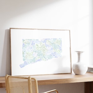 Conneticut State Map Kunstdruck - AK Map Poster, wunderliche Conneticut Sage grüne Wandkunst, Ästhetik des College-APartion-Dekor, Sante Creations