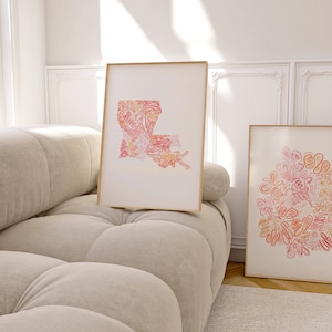 Louisiana Map Art – Pink Printable Wall Decor for College | Girls Dorm Room Download, Sorority Aesthetic, or Graduation Gift Idea