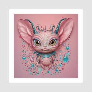 May include: A whimsical illustration of a pink creature with large ears, blue horns, and big eyes. The creature is surrounded by bubbles in shades of pink and blue, set against a pink background. The artwork has a cute, fantasy theme.