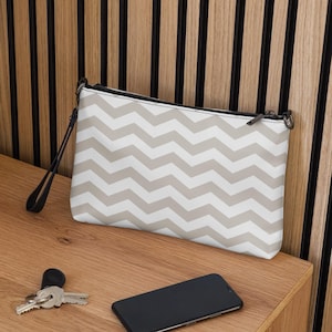 Crossbody Bag in Tan and White Zig Zag Stripes also Wrist Bag or Shoulder Bag