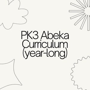May include: Black and white illustration of a cloud, star, sun, and a flower. The text "PK3 Abeka Curriculum (year-long)" is written in black.