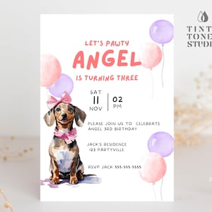 Editable Dog Birthday Card Dog Invitation Puppy Pawty Printable Invite Dachshund Wiener Dog Cards Birthday Happy Birthday Dog Party Pink