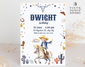 Editable Cowboy Birthday Invitation First Rodeo Invitation Country Western Wild West Boy Birthday Invitations Ranch Southwestern Party Blue