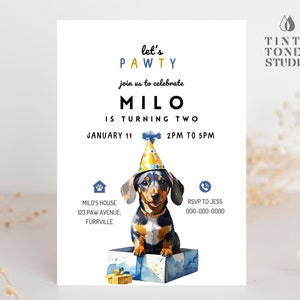 Dog Birthday Invitation Puppy Party Invitation Dog Theme Birthday Puppy Pawty Birthday Template Invitation Dachshund Birthday Invite wiener
