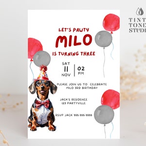 Editable Dog Birthday Card Funny Dog Invitation Puppy Pawty Printable Invites Dachshund Wiener Dog Cards Birthday Happy Birthday Dog Party