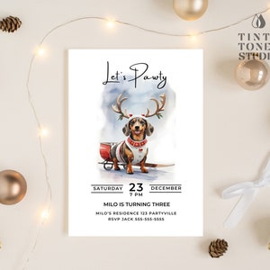 Dackel Weihnachten Geburtstagseinladung: Hund Pawty Weihnachtskarte (bearbeitbar)