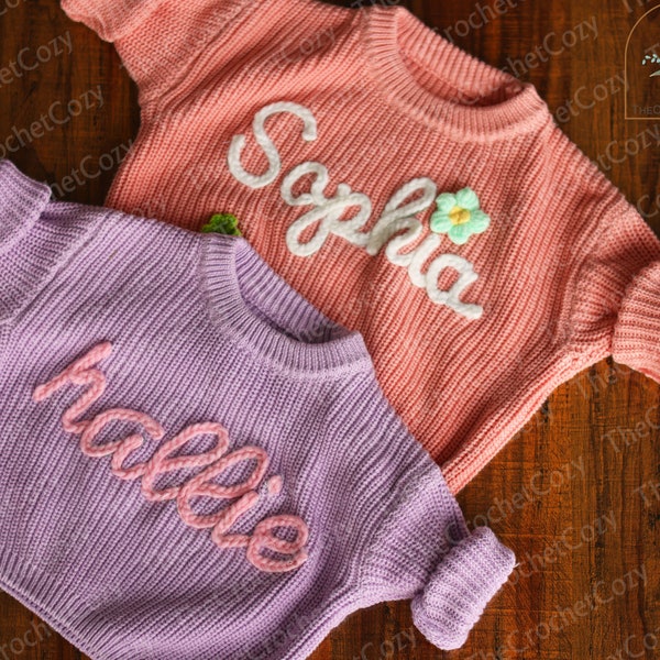 Personalized Baby Name Sweater, Hand Embroidered Newborn Baby Sweater, Comfort Colors Knitted Toddler Sweatshirt, Custom Cute Baby Girl Gift