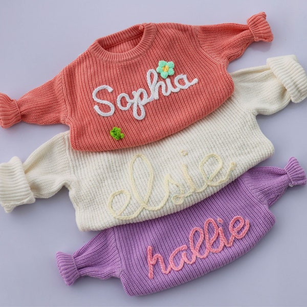 Hand Embroidered Baby Name Sweater, Personalized Knitted Newborn Baby Sweater, Comfy Colors Toddler Sweatshirt, Cute Baby Girl Birthday Gift