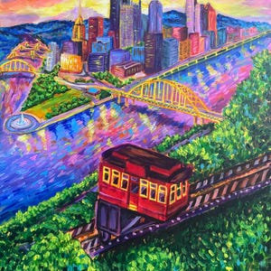 May include: An oil painting depicting a vibrant cityscape with a red funicular car on tracks in the foreground. The scene features a river reflecting purple and blue hues, a bright yellow bridge, and a skyline of skyscrapers under a sunset sky.