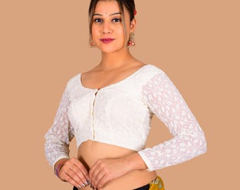 Handgemachte Chikankari bestickte Bluse: Baumwoll-Ethno-Oberteil