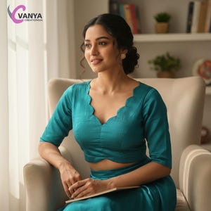 Handgemachte Tiefe V-Ausschnitt Baumwolle Saree Bluse: Custom Fit ethnischen Crop Top