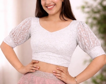 White Chikankari Saree Blouse – Puff Sleeve Designer Indian Choli