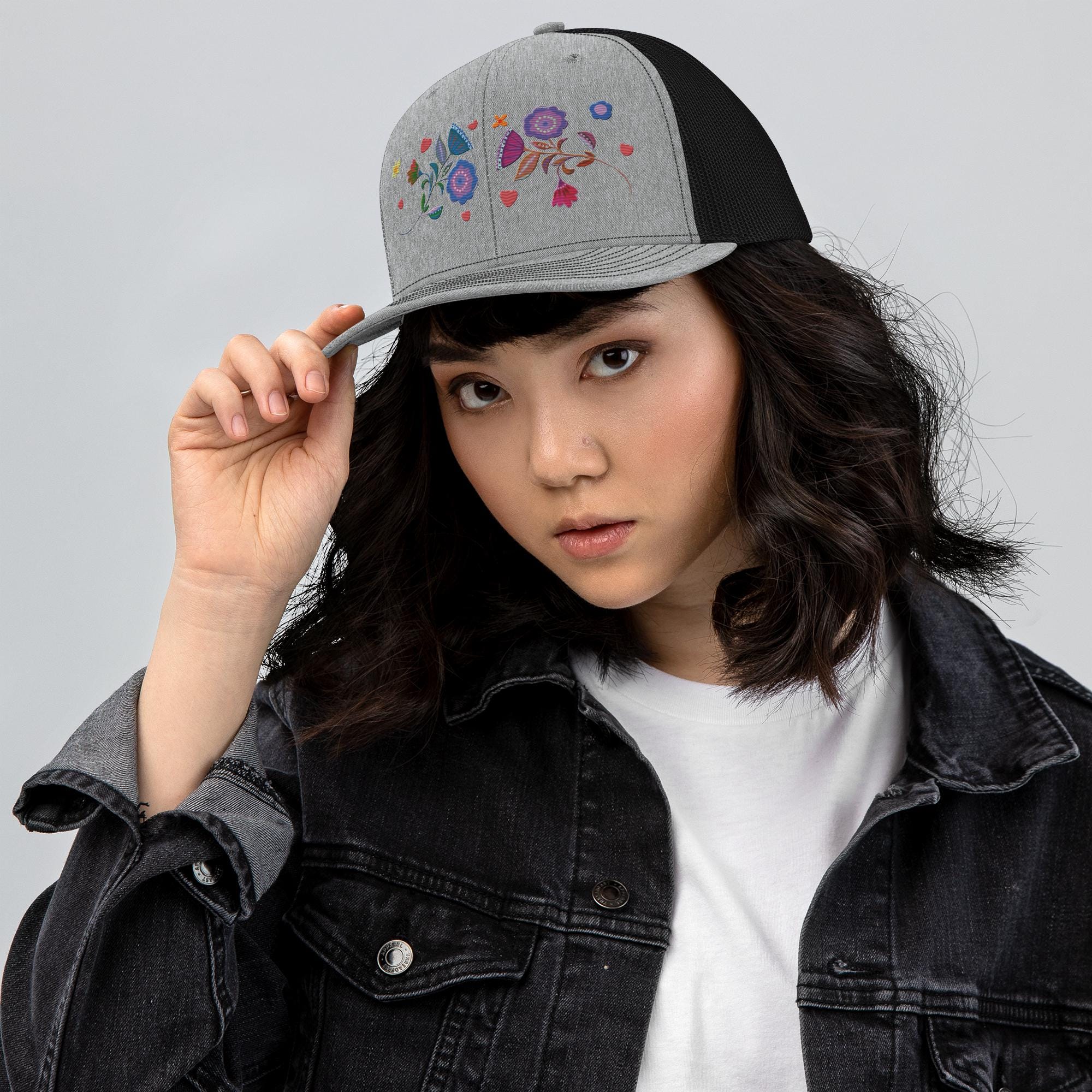 New Custom Designed Blue and Tan Mesh Distressed Trucker Hat w/ Abstract Flower. Iris Flowers | Trucker Hat | Aqua | 100% Grey Recycled Mesh  main image 4