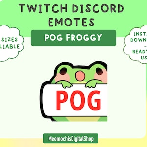 Könnte beinhalten: Ein grüner Frosch-Cartoon-Charakter, der über ein weißes Schild mit dem Wort "POG" in roten Buchstaben schaut. Das Bild ist für Twitch- und Discord-Emojis.