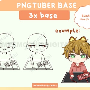 Peut inclure: Une base d'art numérique pour créer des personnages dans un style de base 3x. La base montre un personnage assis à un bureau avec un clavier d'ordinateur et une souris. Le personnage a la bouche ouverte et clignote des yeux. Le texte "PNG TUBER BASE" et "3x base" est en haut de l'image. Le texte "example:" est en haut à droite de l'image.