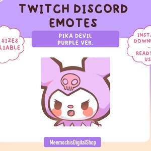 Puede incluir: Emoticono Pika Devil morado con una calavera en la cabeza y una expresión de enfado.  Emotes de Twitch Discord. Todos los tamaños disponibles. Descarga instantánea. Listo para usar. MeemochisDigitalShop.