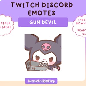 Puede incluir: Un personaje de dibujos animados con cabello negro y una calavera en la cabeza está sosteniendo un arma. El personaje tiene mejillas rosadas y un lazo rosa en la cabeza. El fondo es de color morado claro. El texto "GUN DEVIL" está escrito en un cuadro blanco sobre el personaje.