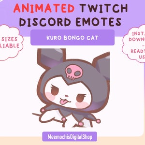 May include: Animated Discord emote featuring a purple and black cat with a skull on its head, sticking its tongue out. The text "KURO BONGO CAT" is above the cat. The text "ANIMATED TWITCH DISCORD EMOTES" is at the top of the image. The text "ALL SIZES AVAILABLE" is in a cloud shape on the left side of the image. The text "INSTANT DOWNLOAD - READY TO USE" is in a cloud shape on the right side of the image. The text "MeemochisDigitalShop" is at the bottom of the image.