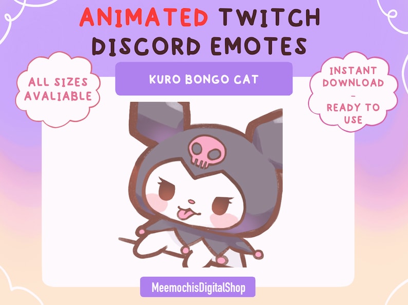 May include: Animated Discord emote featuring a purple and black cat with a skull on its head, sticking its tongue out. The text "KURO BONGO CAT" is above the cat. The text "ANIMATED TWITCH DISCORD EMOTES" is at the top of the image. The text "ALL SIZES AVAILABLE" is in a cloud shape on the left side of the image. The text "INSTANT DOWNLOAD - READY TO USE" is in a cloud shape on the right side of the image. The text "MeemochisDigitalShop" is at the bottom of the image.