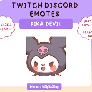 Puede incluir: Una ilustración digital de un personaje de dibujos animados rosa y negro con una calavera en la cabeza. El personaje tiene una expresión gruñona y lleva un vestido negro. El texto "PIKA DEVIL" está por encima del personaje.