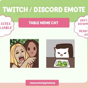 Könnte beinhalten: Eine digitale Illustration eines Tisch-Meme-Katzen-Emojis für Twitch und Discord. Das Bild zeigt eine weiße Katze mit einem mürrischen Gesichtsausdruck, die an einem Tisch mit einem Teller Brokkoli sitzt. Der Text "TABLE MEME CAT" wird über dem Bild angezeigt.