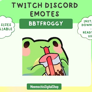 May include: Green frog cartoon character with pink cheeks drinking a brown bubble tea with tapioca pearls through a red straw. The frog is holding the cup with its hands. The text "BBTFROGGY" is in a green rectangle above the frog.
