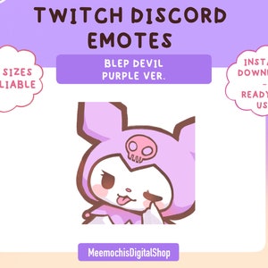 Puede incluir: Personaje de dibujos animados morado con una calavera en la cabeza y la lengua fuera. El personaje guiña un ojo y tiene una expresión traviesa. El texto "BLEP DEVIL PURPLE VER." está encima del personaje. El texto "TWITCH DISCORD EMOTES" está en la parte superior de la imagen. El texto "INSTANT DOWNLOAD READY TO USE" está en una forma de nube en la parte superior derecha de la imagen. El texto "ALL SIZES AVAILABLE" está en una forma de nube en la parte superior izquierda de la imagen. El texto "MeemochisDigitalShop" está en la parte inferior de la imagen.
