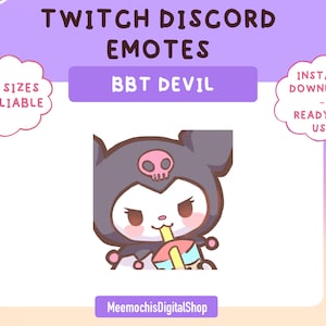 May include: A black and white cartoon character with pink accents, wearing a black hooded outfit with a skull on the hood, is drinking a boba tea. The character has a pink nose and a pink tongue sticking out. The text "BBT DEVIL" is above the character.