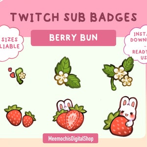Strawberry Bun twitch sub badge pack (6) ｜ twitch  discord bit badges｜stream emote cute bunny rabbit instant download pack｜kawaii bundle
