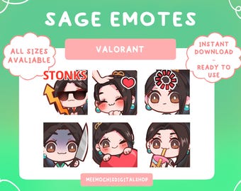 Sage emote pack (6)｜ valorant twitch discord emotes｜streaming youtube cute head pat bubble tea bbt knife heart stonks｜kawaii bundle