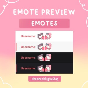 May include: Preview of four Twitch emotes featuring a black cat and a pink rabbit holding a heart. The emotes are displayed on a white and black background with the text "Username:" above each emote. The text "MeemochisDigitalShop" is at the bottom of the image.
