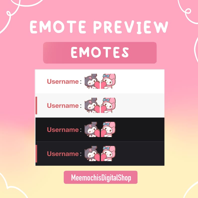 May include: Preview of four Twitch emotes featuring a black cat and a pink rabbit holding a heart. The emotes are displayed on a white and black background with the text "Username:" above each emote. The text "MeemochisDigitalShop" is at the bottom of the image.