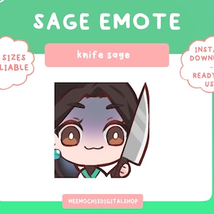 Peut inclure: Illustration numérique d'un personnage de dessin animé aux cheveux bruns et aux grands yeux tenant un couteau. Le personnage porte une chemise verte et blanche. Le texte "knife sage" est écrit en rose au-dessus du personnage.