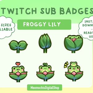 Frog twitch sub badge  pack (6) ｜ twitch  discord bit badges｜stream emote cute froggy lily instant download pack｜kawaii bundle