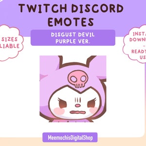 Puede incluir: Personaje de dibujos animados morado con una calavera en la cabeza y una expresión de disgusto. El personaje lleva un atuendo morado con capucha. El texto "DISGUST DEVIL PURPLE VER." está por encima del personaje. El texto "TWITCH DISCORD EMOTES" está en la parte superior de la imagen. El texto "ALL SIZES AVAILABLE" está en forma de nube en el lado izquierdo de la imagen. El texto "INSTANT DOWNLOAD READY TO USE" está en forma de nube en el lado derecho de la imagen.